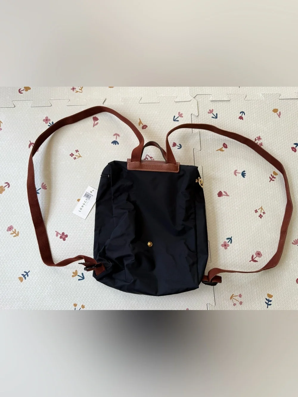 Longchamp Black Nylon Backpack with Brown Leather Flap
